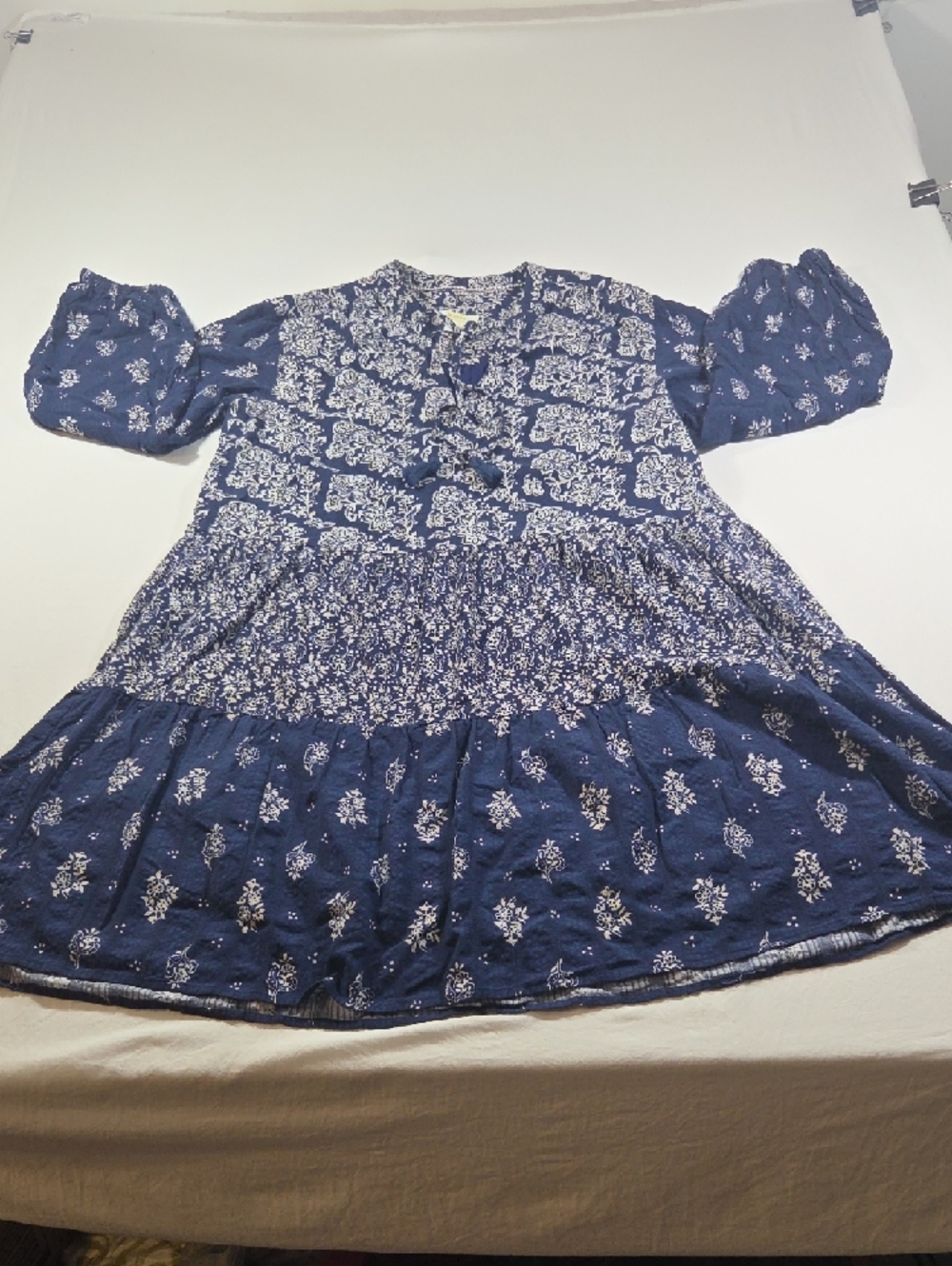 Anthropologie Maeve Navy White Boho Long-Sleeve Tiered Floral Dress Tassel Vneck - Picture 8 of 16